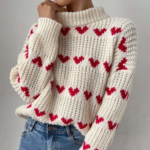 White Beige Casual Womens Heart Pattern Drop Shoulder Sweater - Picture 3 of 8